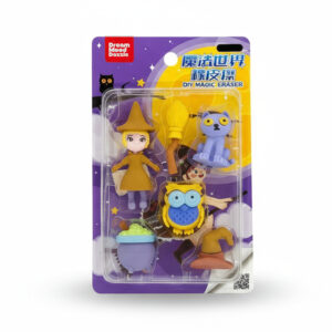 "Dream Mood Dazzle Magic eraser set with witch figure, broom, owl, cat, cauldron, and wizard hat – fun fantasy stationery for kids."