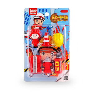 Dream Mood Dazzle Firefighter eraser set with mini firefighter figure, helmet, fire extinguisher, fire hydrant, ladder, and traffic cone – fun stationery for kids.
