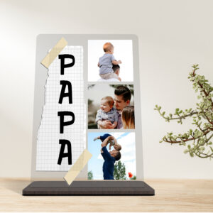 Customized acrylic photo plaque with the word “PAPA” and three personal photos, displayed on a black base — perfect Father’s Day or family gift.